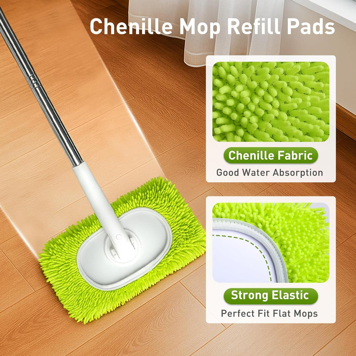6PCS Reusable Mop Pads Fit for Flat Mops, Chenille Mop Refill Pads Washable Mop Covers, Household