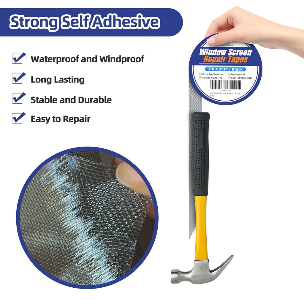 KING MOUNTAIN Black Window Screen Repair Tape,3inX20FT Heavy Duty Screen Repair Kit for Window