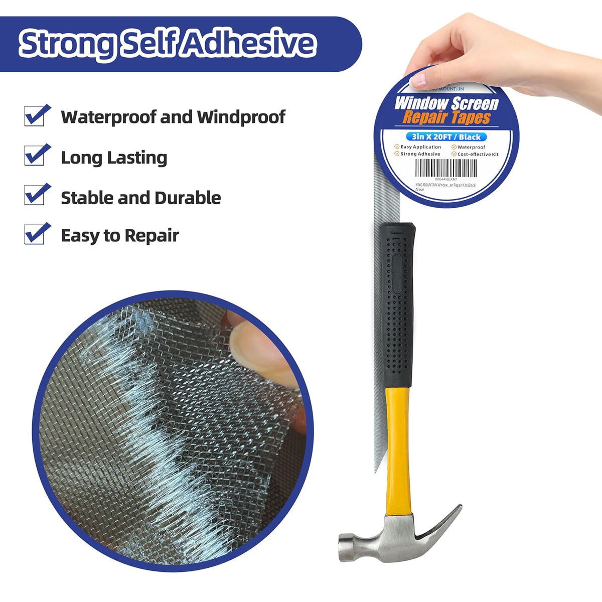 KING MOUNTAIN Black Window Screen Repair Tape,3inX20FT Heavy Duty Screen Repair Kit for Window