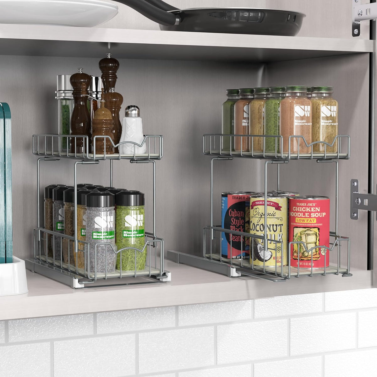 Simple Houseware 2-Tier Spice Rack Slide Out Wire Basket Drawer Organizer, Silver