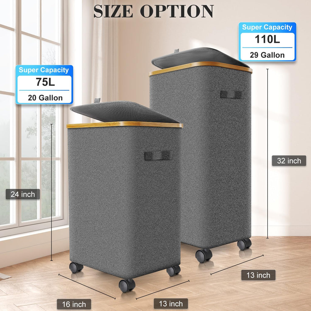 Laundry Hamper with Wheels,20 Gal (75L) Laundry Basket with lid Rolling Clothes Hamper Foldable