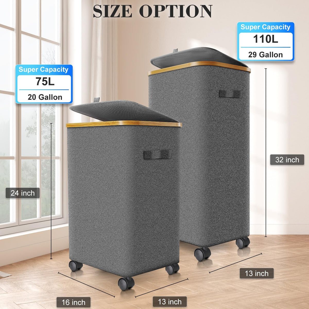Laundry Hamper with Wheels,20 Gal (75L) Laundry Basket with lid Rolling Clothes Hamper Foldable