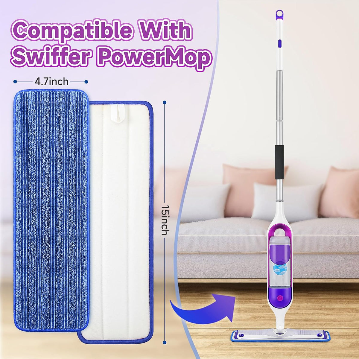 8 Pack Reusable Mop Pads Compatible for Swiffer PowerMop,Microfiber Mop Replacements Pads for