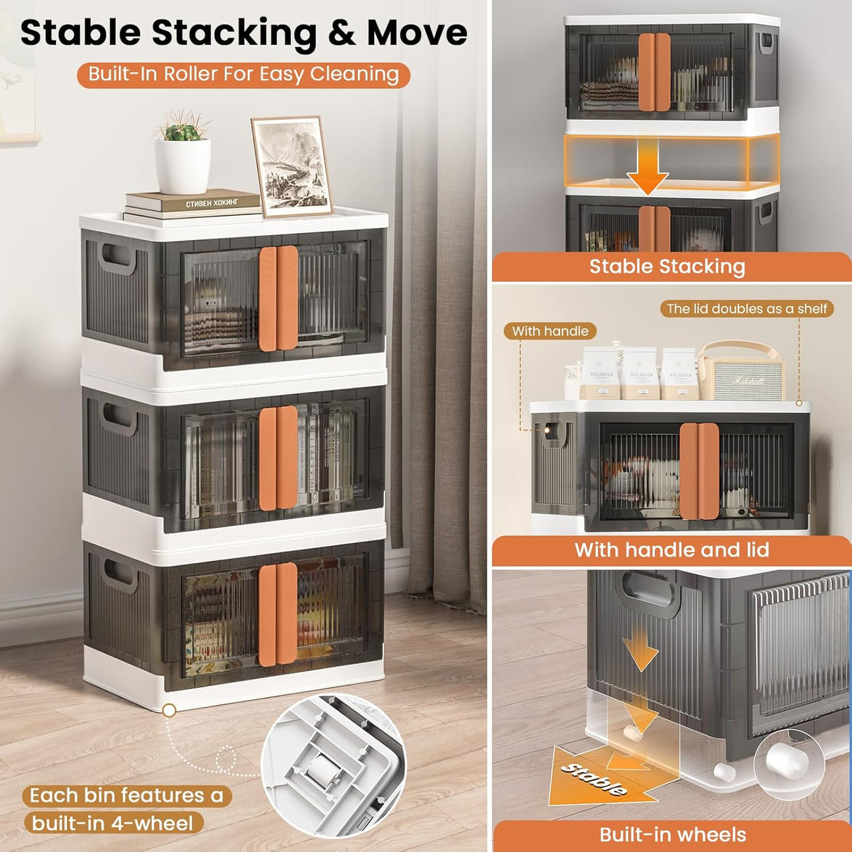 8.4Gal Collapsible Storage Bins with Lids & Wheels - 1 Pack Stackable with Doors, Heavy-Duty