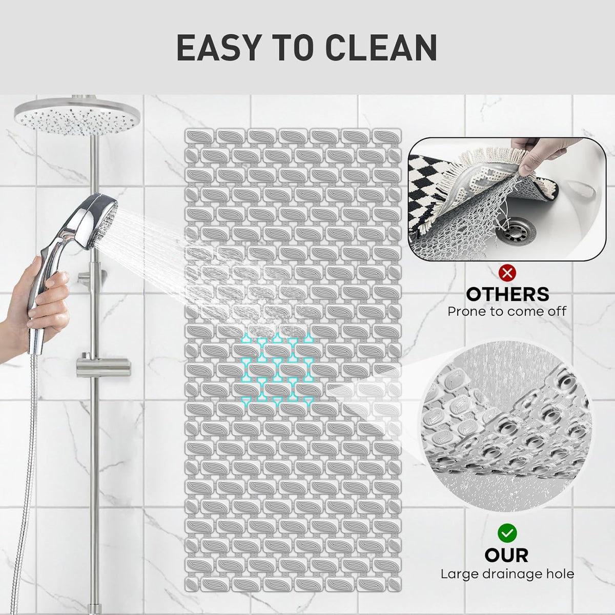 Shower Mat Non Slip Bathtub Mat - 36 x 16 Inch Eco-Friendly Soft Bath Mat for Tub Non Slip Shower