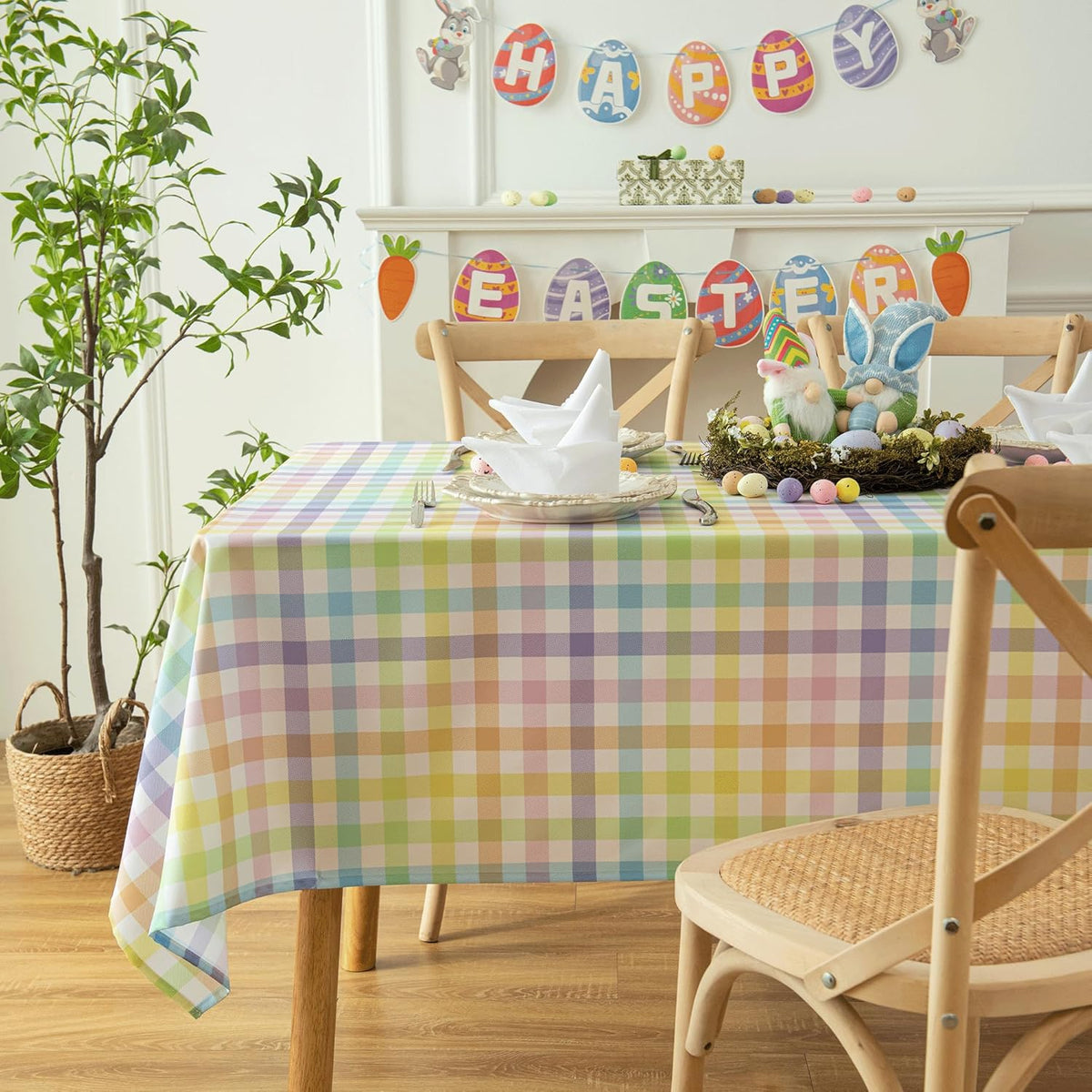 Waterproof Plaid Easter Tablecloth Fabric - Spring Square 58x58 Inch Classic Gingham Checker