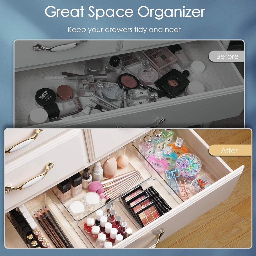 12 Pack Large Clear Plastic Drawer Organizer Set, Acrylic Bathroom Organizer Vanity Trays Dividers