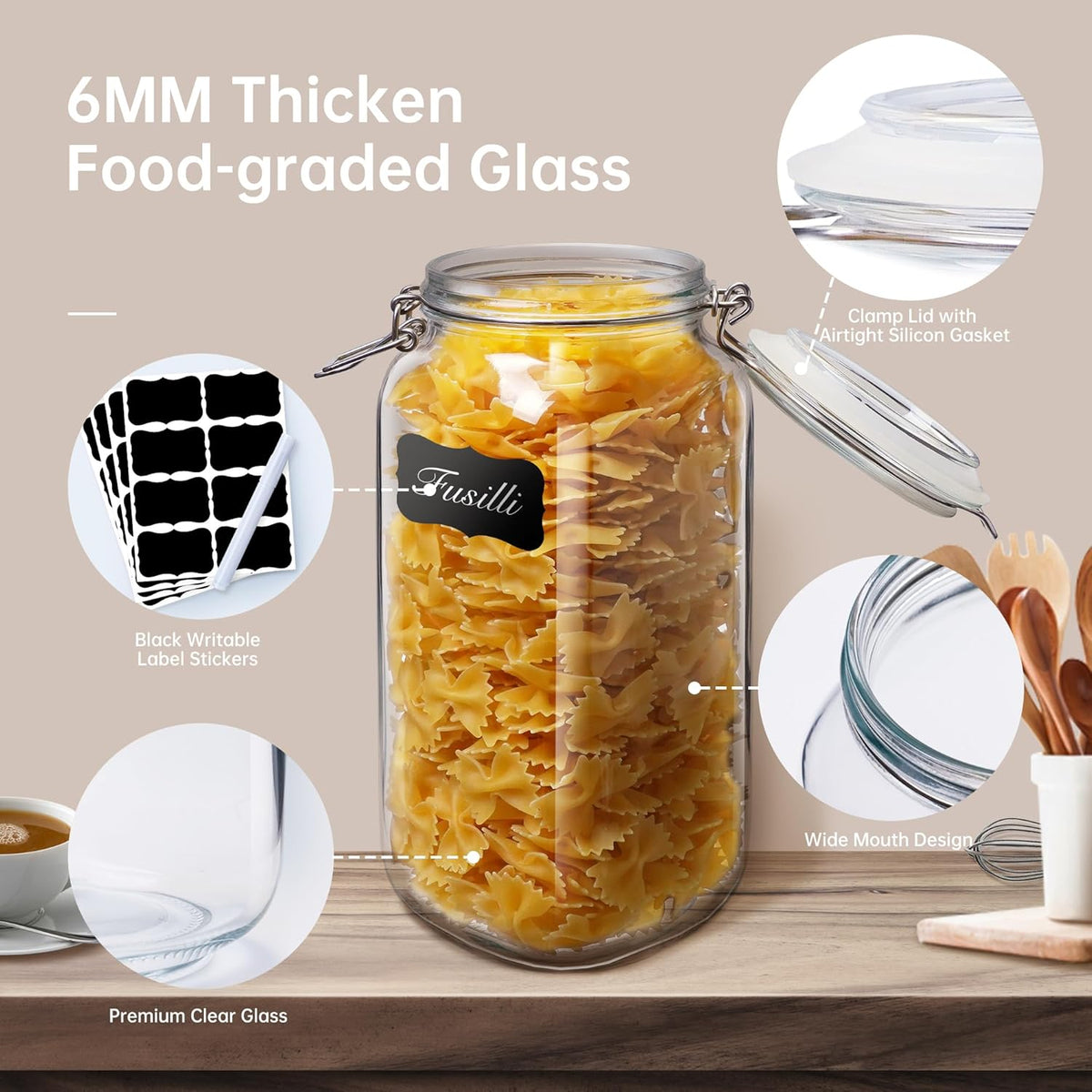 Multi Size - 5 Pack Square Glass Jars with Airtight Lid, Wide Mouth Mason Jars with Clamp Lids, Air