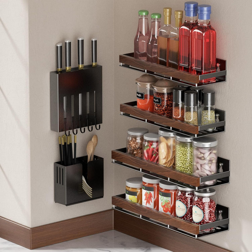 Walnut Magnetic Spice organizer for Refrigerator Wall Mount Spice Rack Magnetic Fridge Shelf Spice