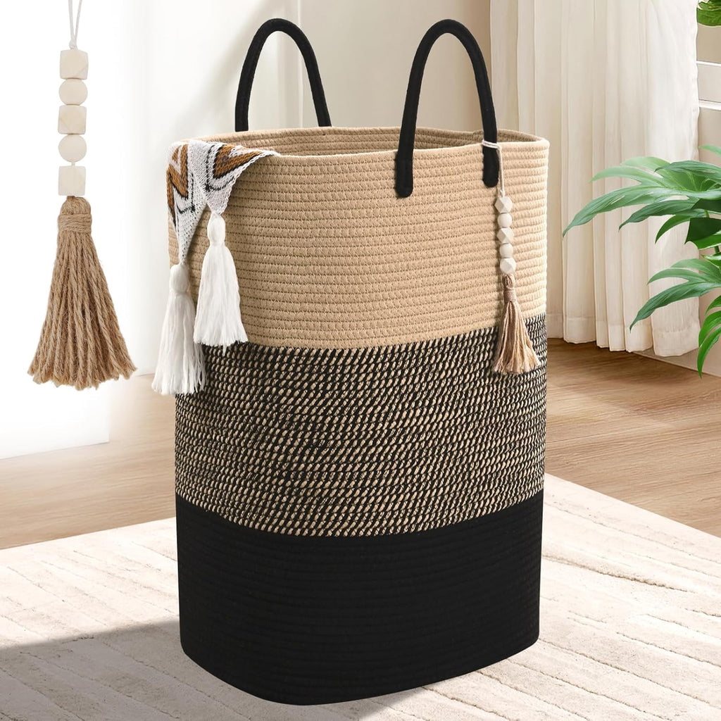 Woven Laundry Basket for Clothes, 80 L Large Rectangle Laundry Hampers with Beads Tassel, Nursery