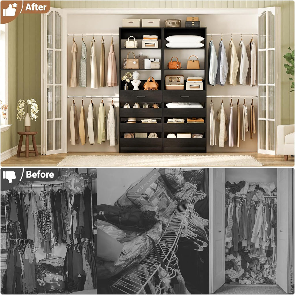 Aheaplus Closet System, 6-15Ft Closet Organizer with 8 Wooden Drawers, Wood Closet Organizer System