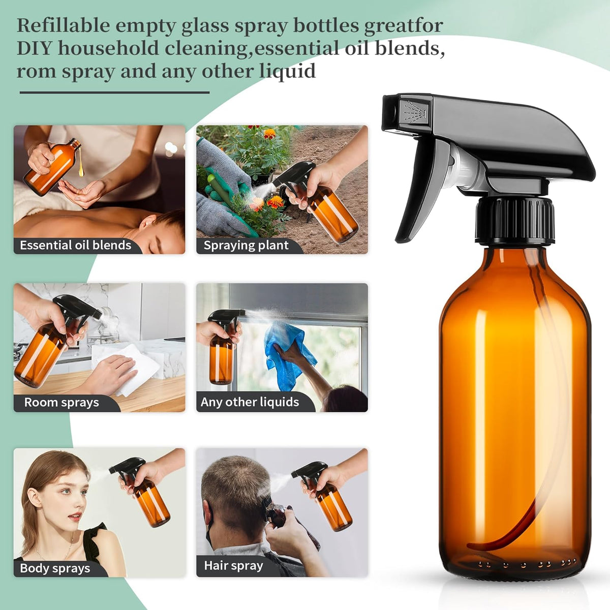 8oz Amber Glass Spray Bottles,3 Pack Glass Spray Bottles Refillable Empty Bottle with Adjustable