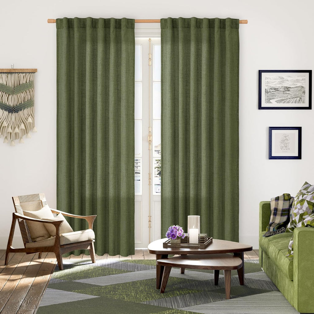 YoungsTex Olive Green Linen Curtains 80 Inch Length for Living Room, Semi Sheer Window Drapes with