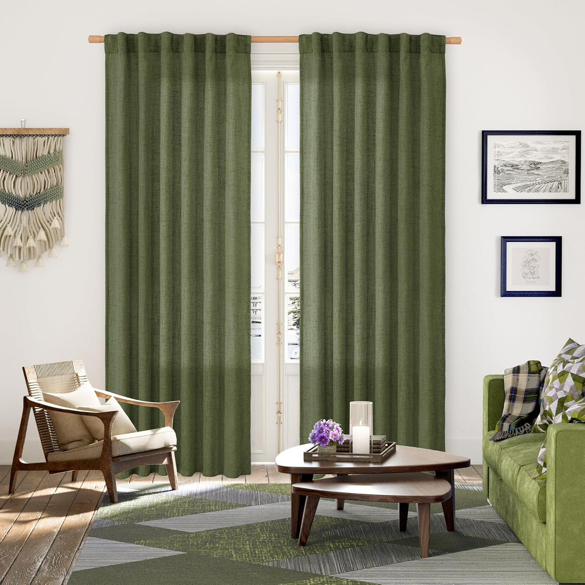 YoungsTex Olive Green Linen Curtains 80 Inch Length for Living Room, Semi Sheer Window Drapes with