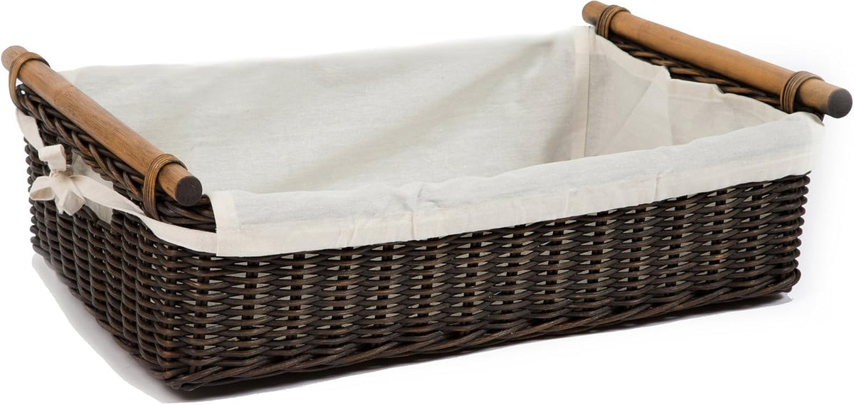 The Basket Lady Low Pole Handle Wicker Storage Basket, Small, 15 in L x 9 in W x 5 in H, Antique