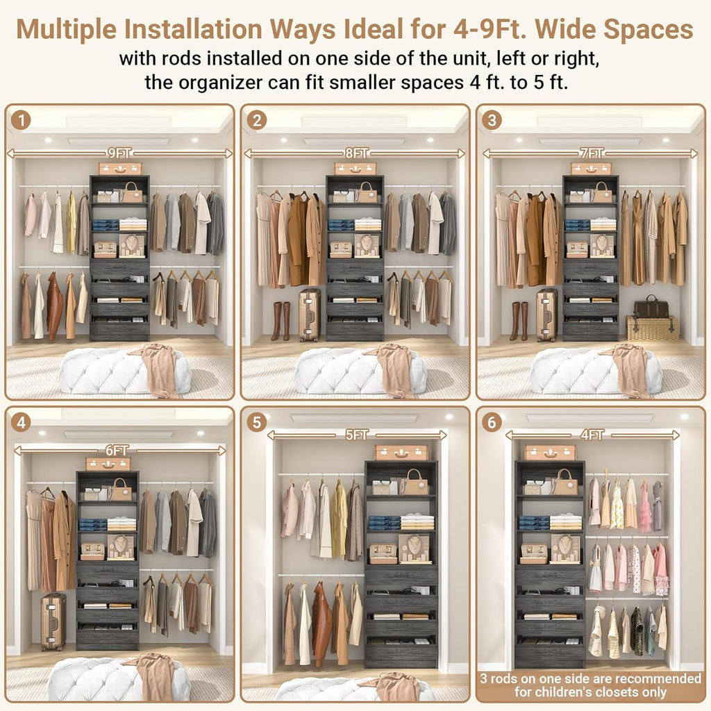 Aheaplus Closet System, 4-9 Ft Closet Organizer with 4 Wooden Drawers, Wood Closet Organizer System