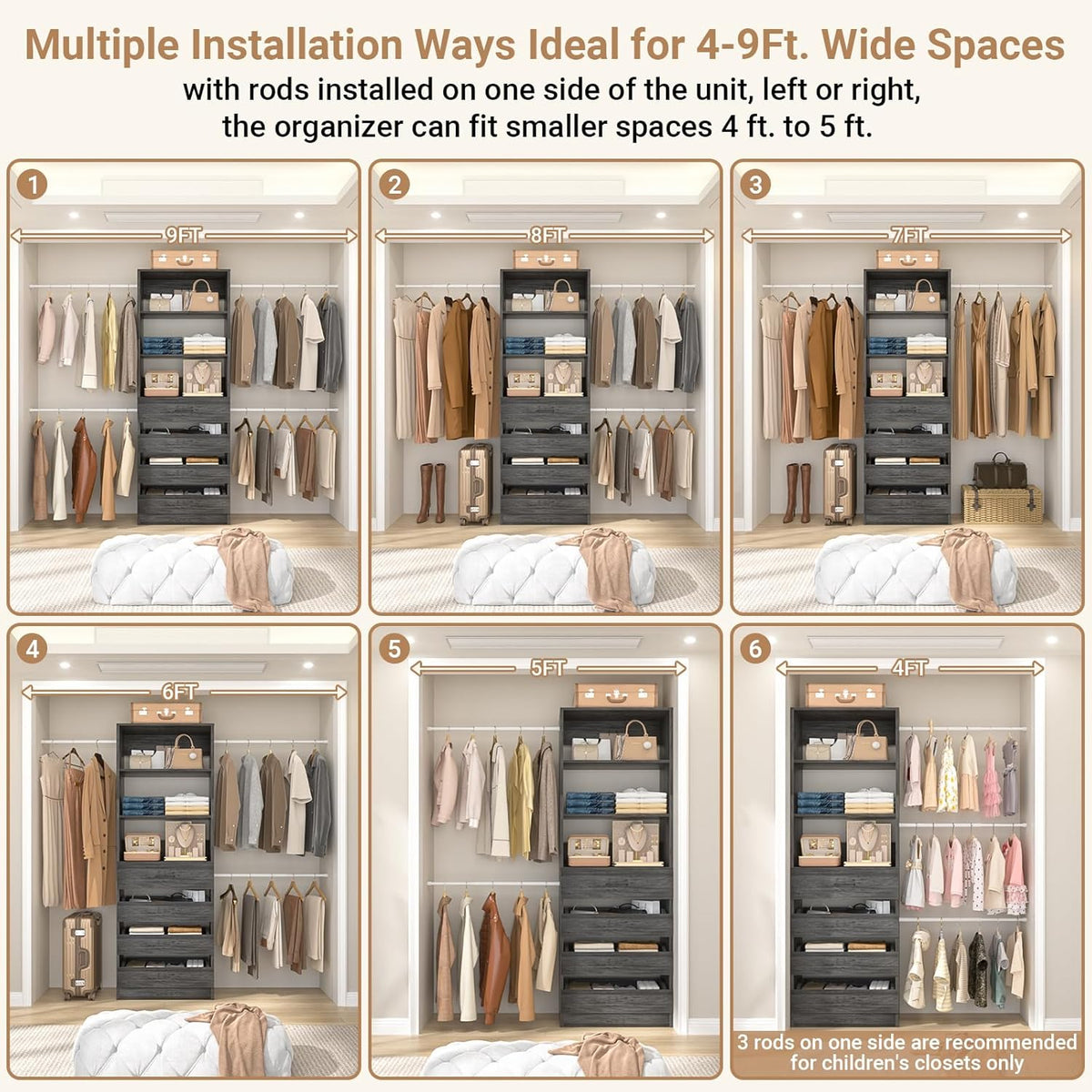 Aheaplus Closet System, 4-9 Ft Closet Organizer with 4 Wooden Drawers, Wood Closet Organizer System