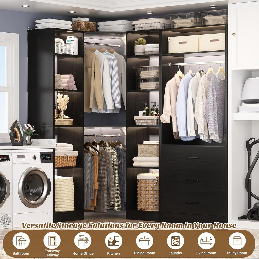 Corner Closet System with 3 Drawers, Corner Closet Organizer System with 13 Shelves & 3 Hanging