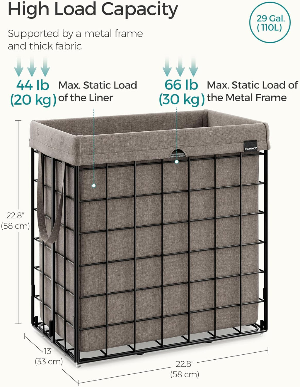 SONGMICS Laundry Hamper, 29 Gal. (110L) Laundry Basket, Collapsible Clothes Hamper, Removable and