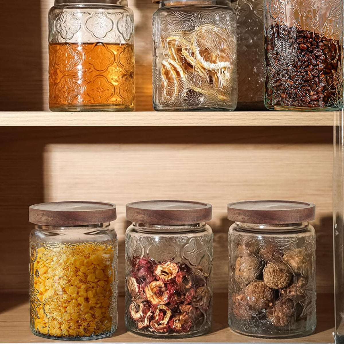 24 OZ/2 PCS Glass Storage Jar with Airtight Bamboo Wooden Lids, Vintage Food Containers Canisters