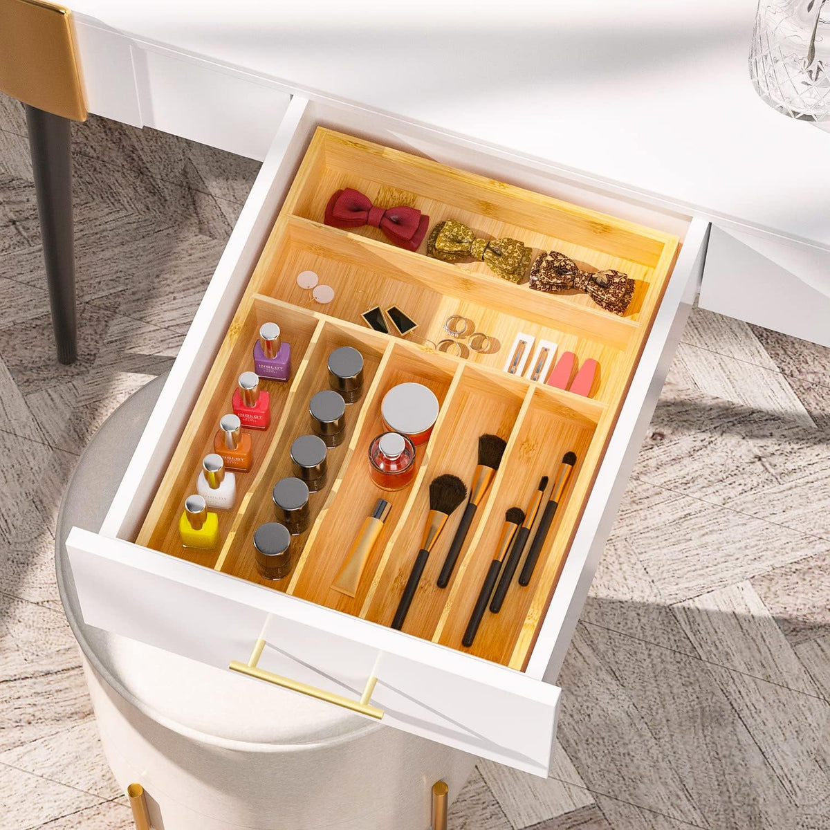 Flatware Organizer Silverware Drawer Organizer - 7 Slots Bamboo Cutlery Tray Multipurpose kitchen