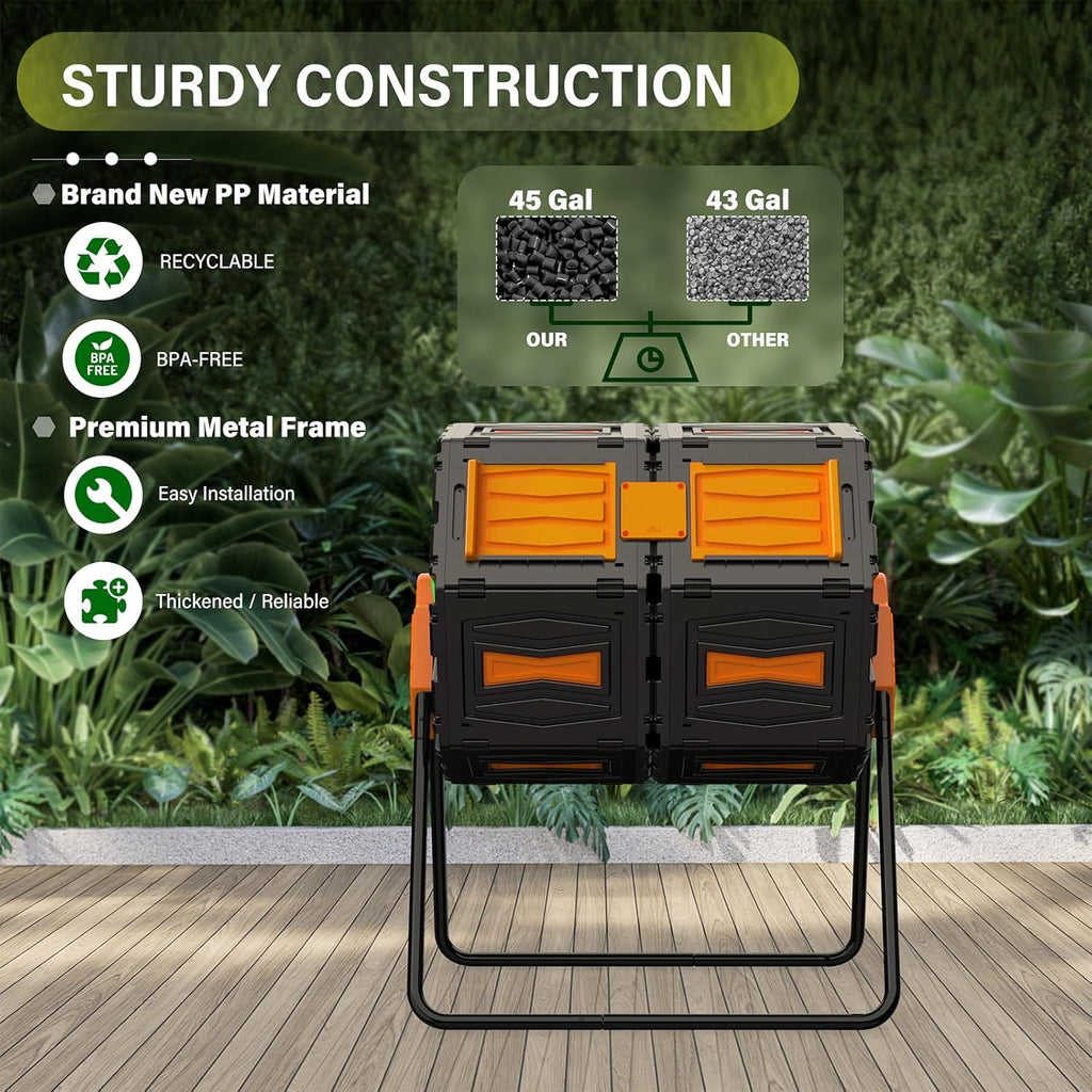 Compost Bin Outdoor, 45 Gallon / 170L Composter Tumbler, 360° Rotating Compost Bin Outdoor