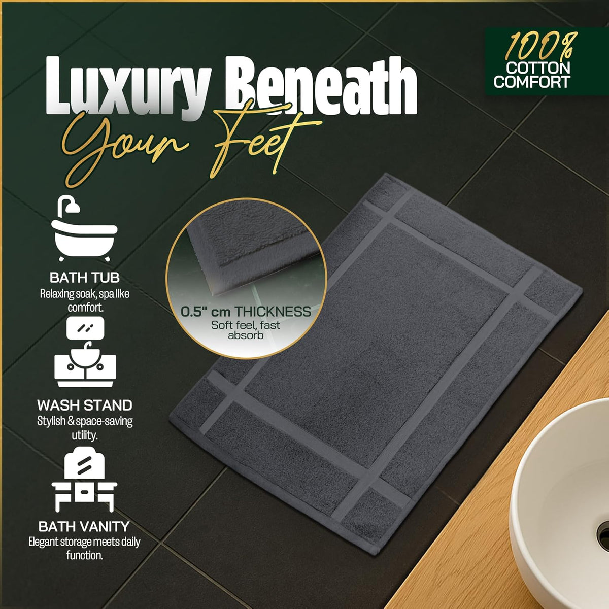 Pearl Linens Pack of 2 Washable Cotton Bath Mat 18x25 - Soft & Absorbent Quick Dry Bathroom Mat