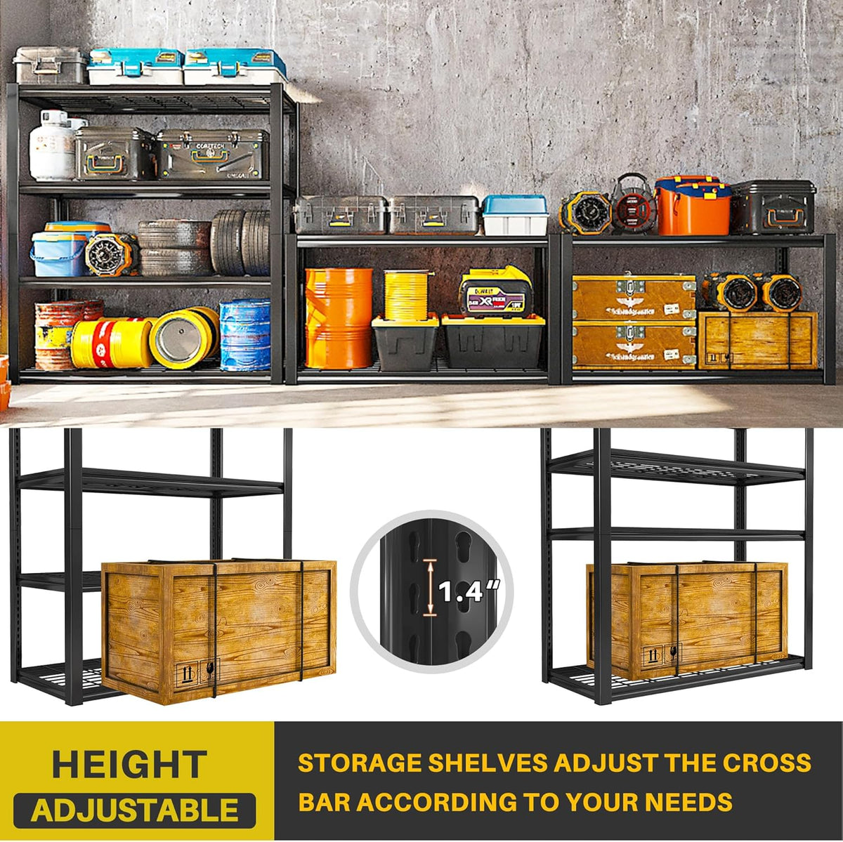 REIBII 40" W Garage Shelving 2240 LBS Storage Shelves Adjustable Heavy Duty Shelving 4 Tier Metal