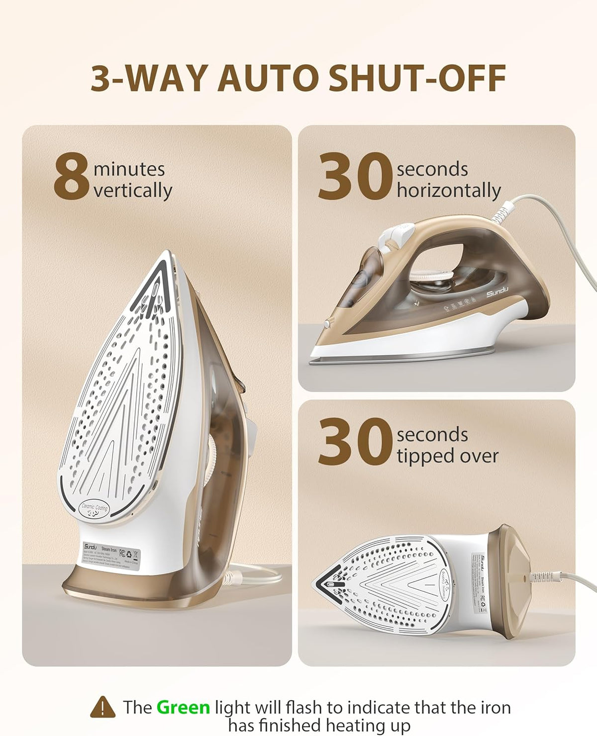 Steam Iron for Clothes Rapid Heating, 1500W Iron with Non-Stick Ceramic Soleplate, Auto-Off, Burst