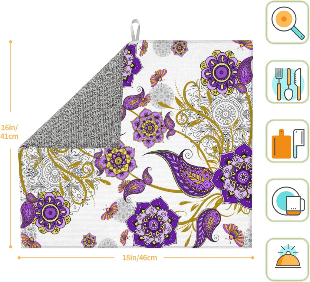Boho Floral Dish Drying Mat for Kitchen Counter Washable Absorbent Reversible Microfiber Purple