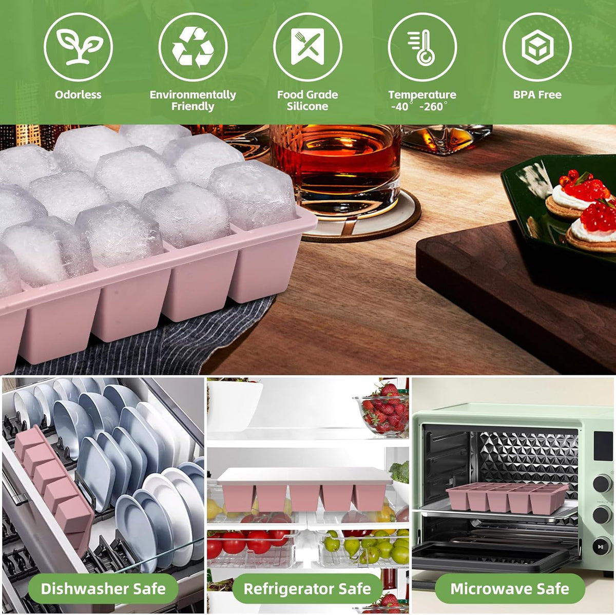 Silicone Ice Cube Tray, 2 Pack Easy-Release Stackable Ice Trays for Freezer with Lid 15 Reusable