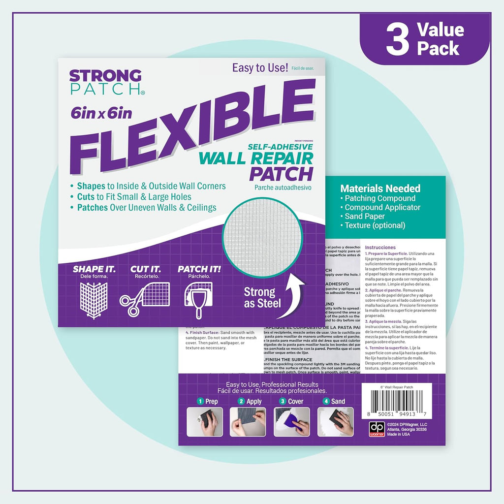 StrongPatch® 6 in. x 6 in. Flexible Self-Adhesive Wall Repair Patch (3-Pack) – Versatile