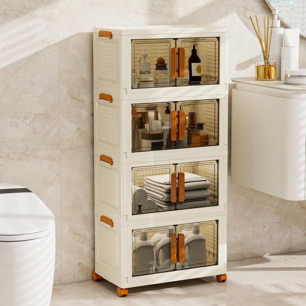 4 Tier Stackable Plastic Storage Bins with 1 Lid 35 QT/Tier, Collapsible Plastic Box Storage Bin