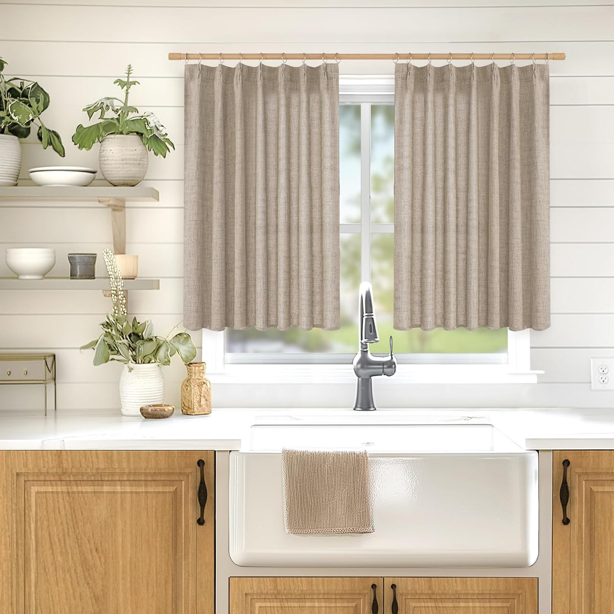 YoungsTex Oatmeal Linen Curtains 36 Inch Length for Short Kitchen Window, Textured Small Drapes