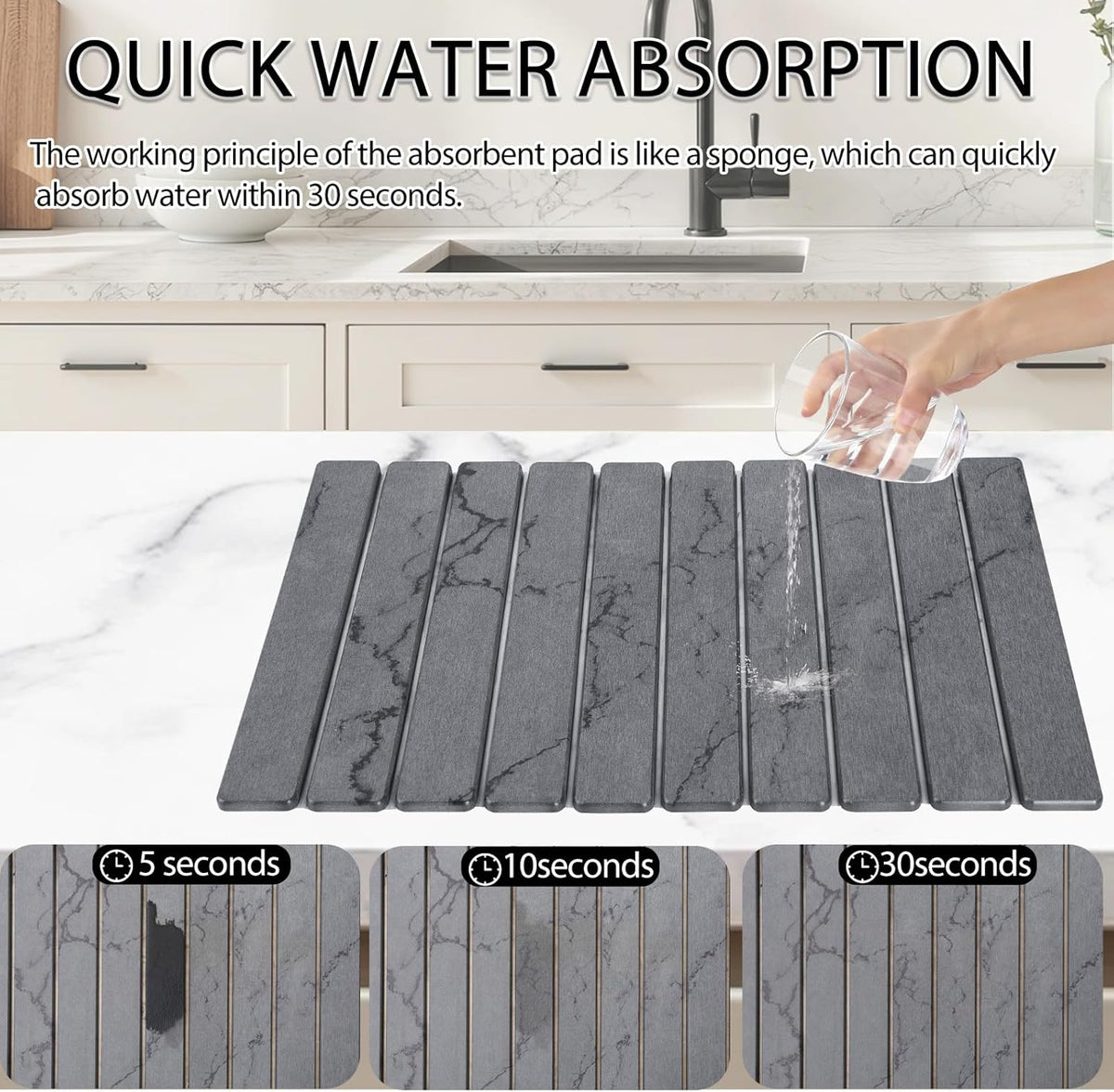 Stone Drying Mat for Kitchen Counter 24"×16" ,Large Dish Drying Mat with Drainage Grooves, Non-Slip