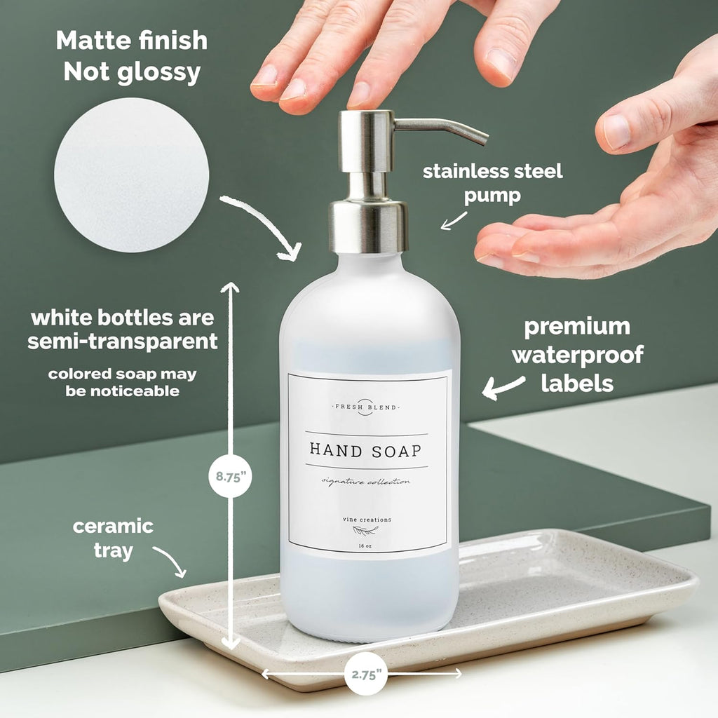 Vine Creations Glass Soap Dispenser, 2 Pack Kitchen Soap Dispenser Set with Ceramic Tray, Stainless