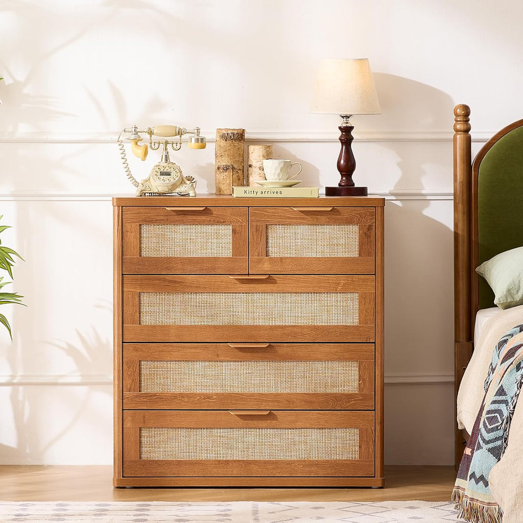LEYAOYAO Rattan Dresser for Bedroom, 33.5" Tall Chest of Drawers, Modern 5 Drawers Boho Dressers