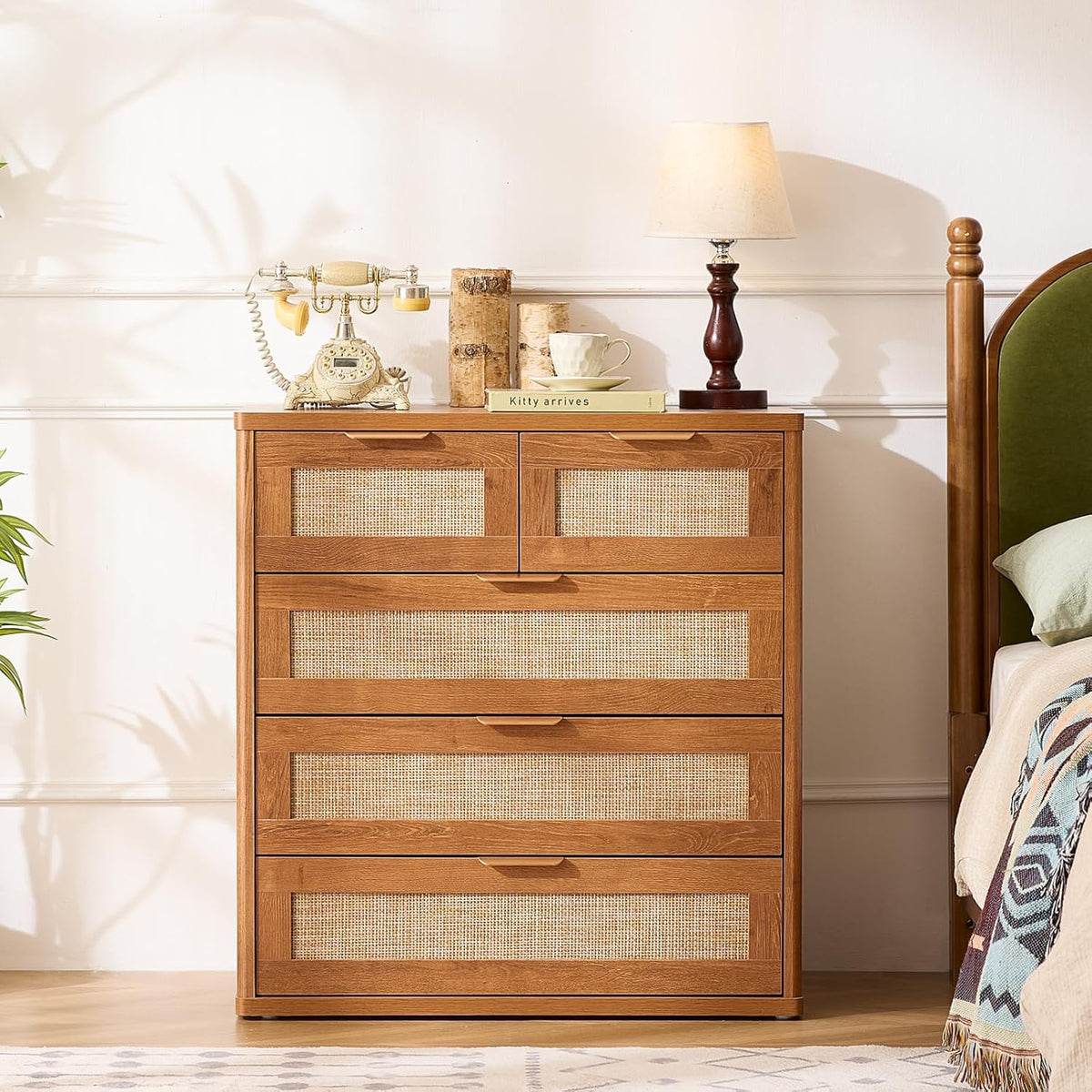 LEYAOYAO Rattan Dresser for Bedroom, 33.5" Tall Chest of Drawers, Modern 5 Drawers Boho Dressers