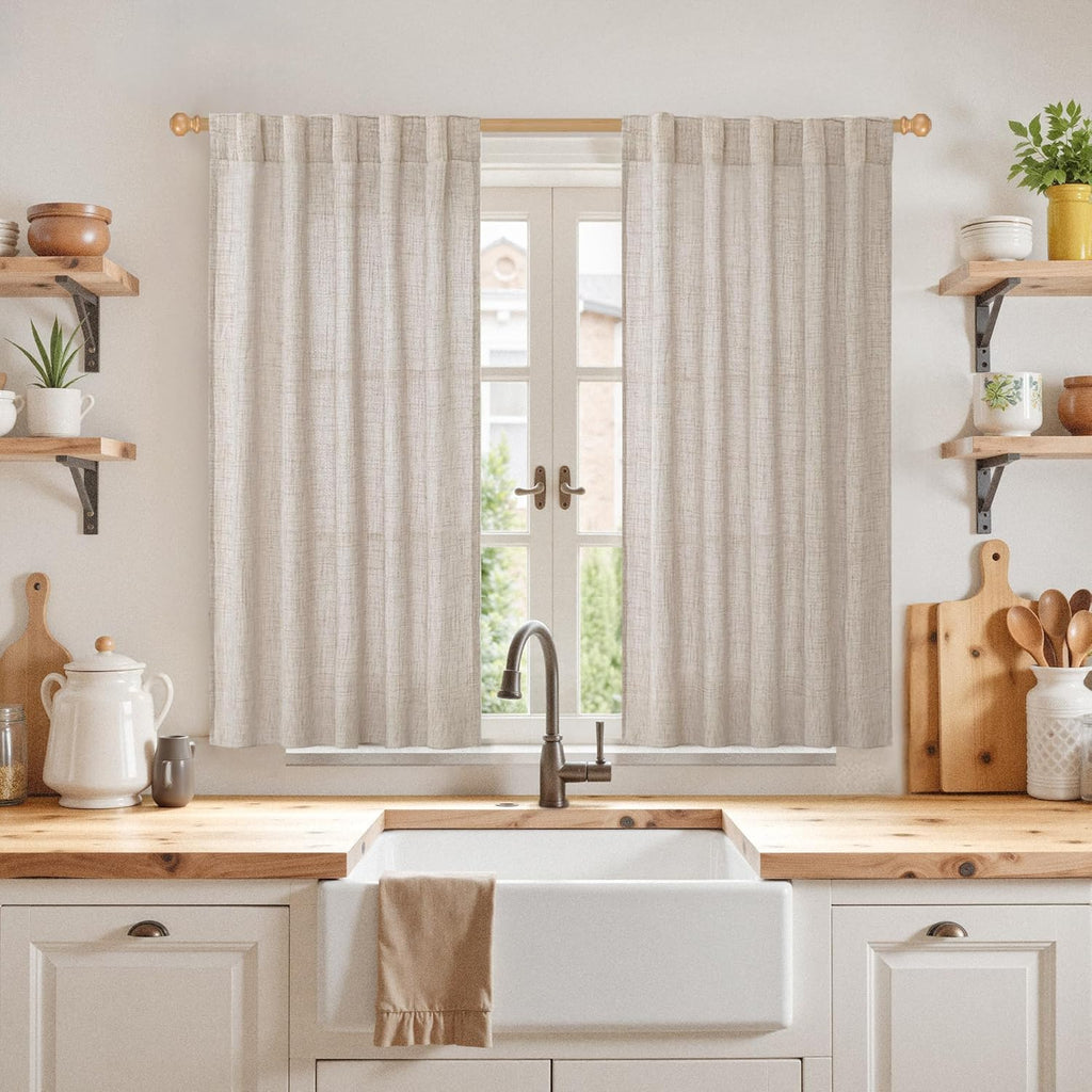 YoungsTex Short Linen Curtains 45 Inch Length for Cafe Window, Natural Light Filtering Drapes with