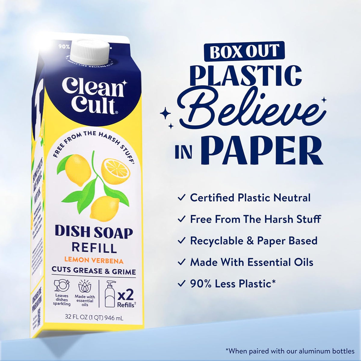 Cleancult Dish Soap Liquid Refills - Plant Based Cleaning Power - Cuts Grease & Grime - Free of