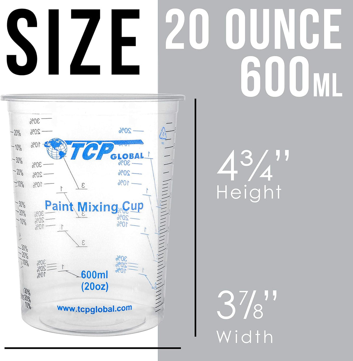 TCP Global 20 oz. (600ml) Graduated Plastic Mixing Cups - Box of 50 with 50 Mixing Sticks