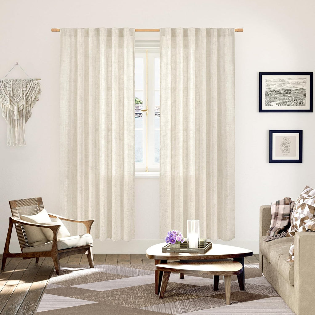 YoungsTex Linen Semi Sheer Curtains 78 Inch Length for Living Room, Boho Cream Light Filtering