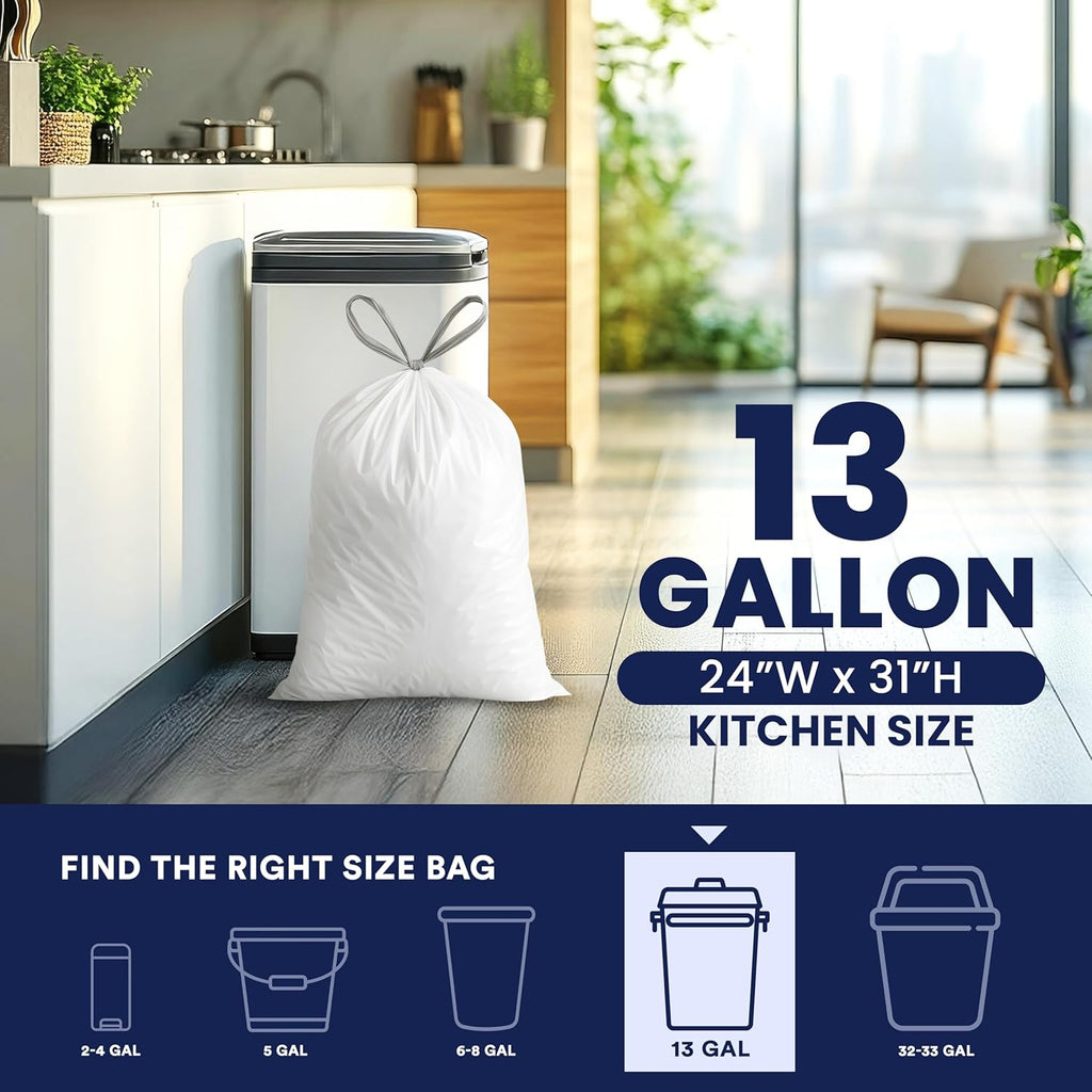 Plasticplace 13 Gallon Trash Bags â”‚ 1.2 Mil â”‚ White Drawstring Garbage Can Liners â”‚ 24" x