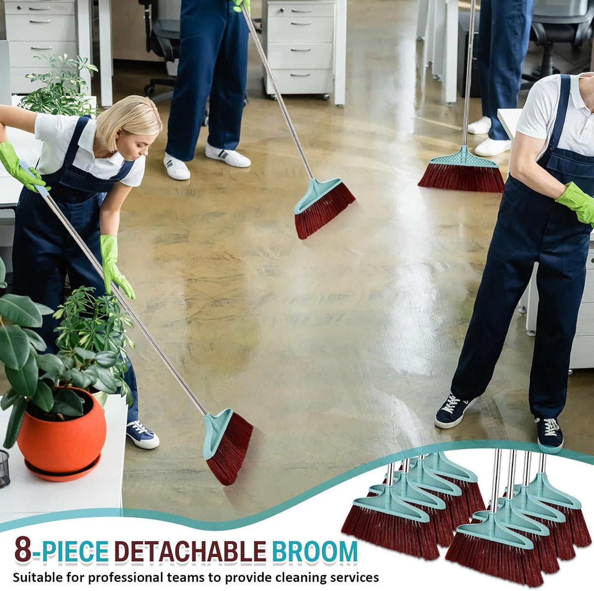 Lasnten 8 Pcs Heavy Duty Broom Commercial Set 49" Stainless Steel Detachable Handle Indoor and