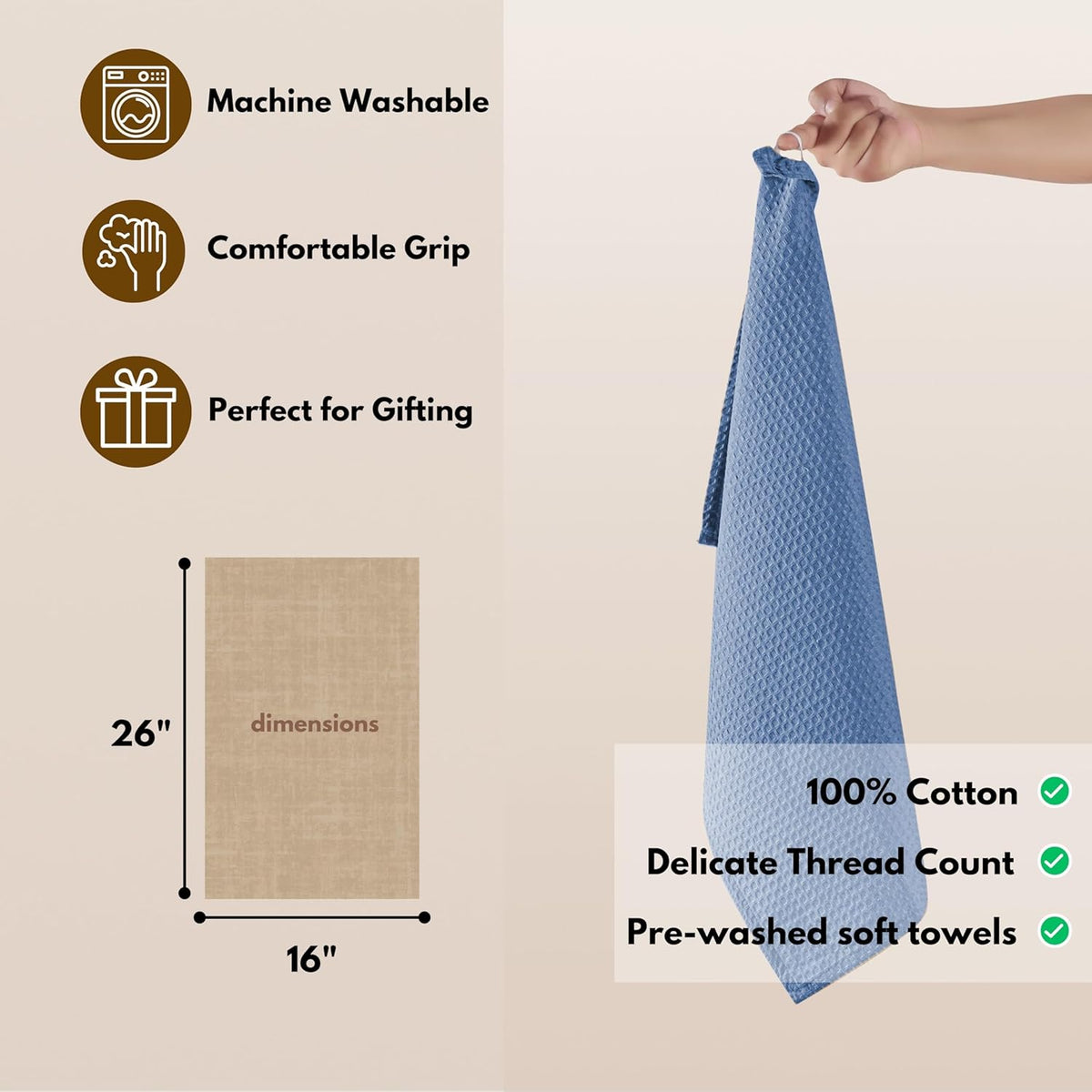 Native Fab Cotton Kitchen Towel with Hanging Loop 16x26 inches, 6-Pack, Waffle Weave Kitchen Towels