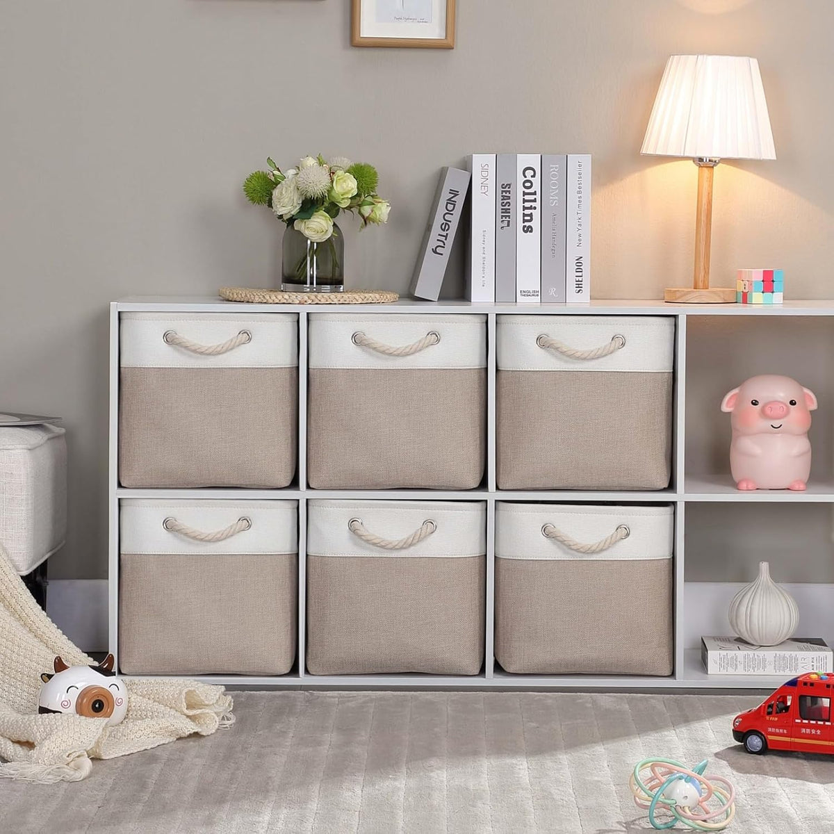 Mangata Canvas Storage Boxes, 13 Inch Cube Storage Bins Set of 6, Fabric Baskets with Cotton Rope