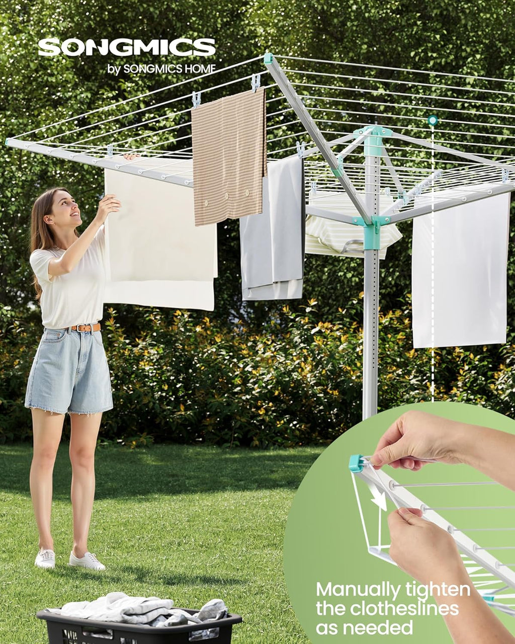 SONGMICS Umbrella Drying Rack, Retractable Outdoor Drying Rack, Height Adjustable, 197 ft Long