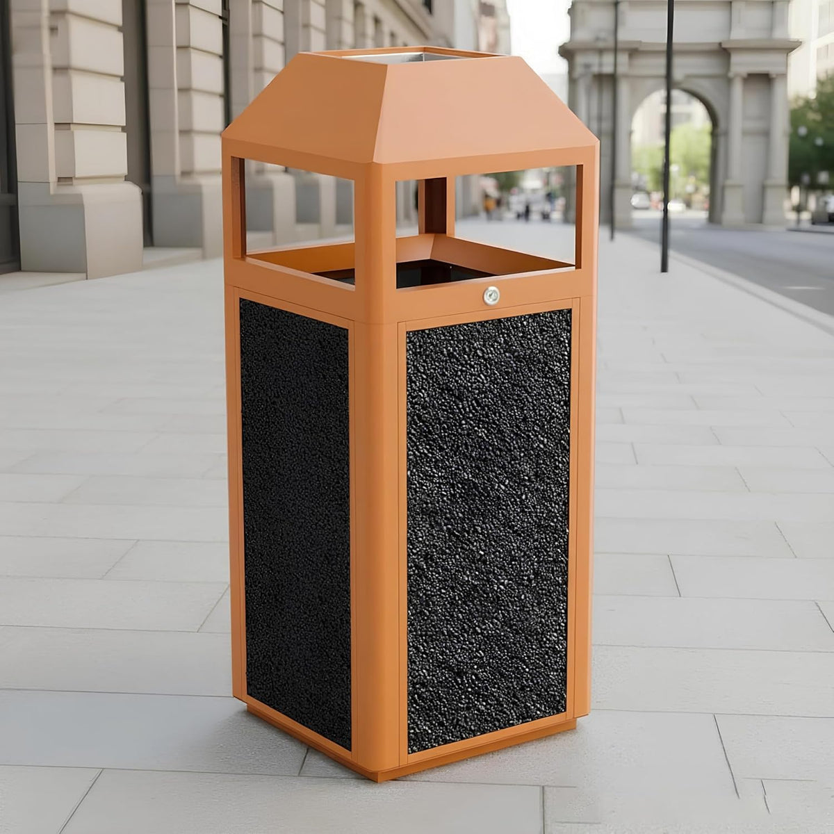 Commercial Metal Outdoor Trash Can with Lid, Lockable Outdoor Garbage Can with Nature Stone Panels
