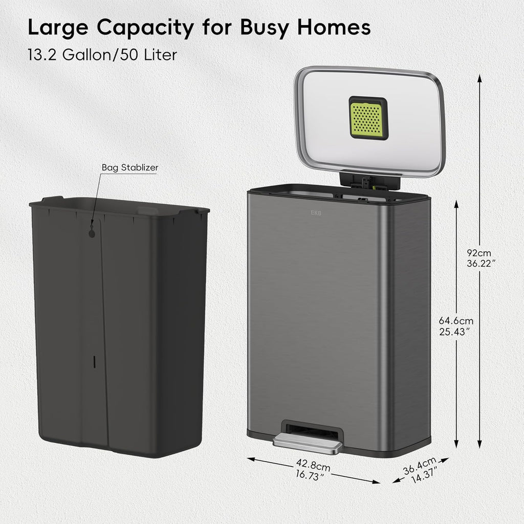 EKO Madison Gunmetal Stainless Steel 50 Liter/13.2 Gallon Step Trash Can with Inner Liner