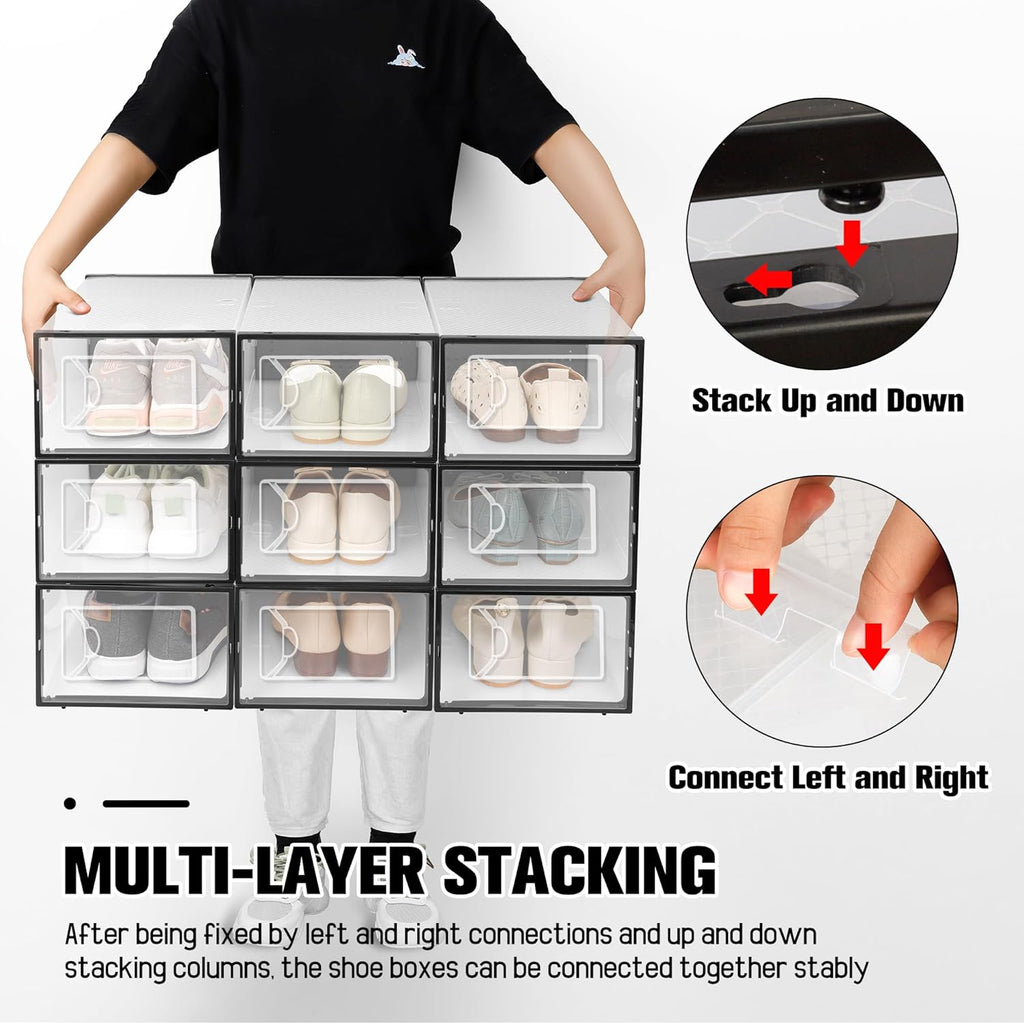 Kuject 15 Pack Shoe Storage Boxes, Clear Plastic Stackable Shoe Organizer for Closet, Connect Left